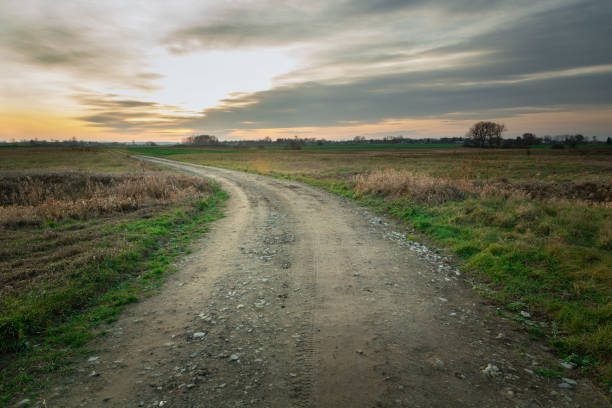 istock Turn on a dirt road and fields, view on a cloudy evening 1225429647