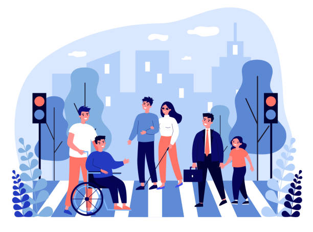 Disabled people crossing street Disabled people crossing street. Blind woman, wheelchair, child flat vector illustration. Urban traffic, safety, rules concept for banner, website design or landing web page avenue stock illustrations