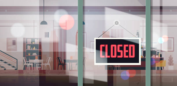 ilustrações de stock, clip art, desenhos animados e ícones de sorry we are closed sign hanging outside business office store shop or restaurant - closed sadness reconciliation sign