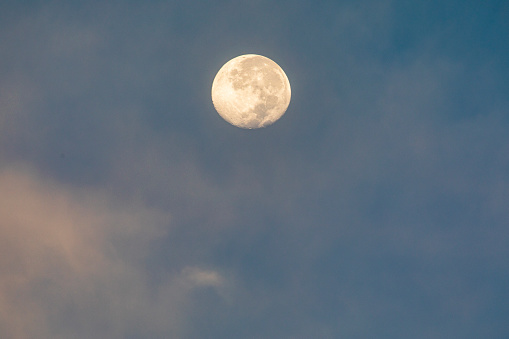 Full moon rising in light pink sky and blue background. Photographed in Kenya, South Africa.