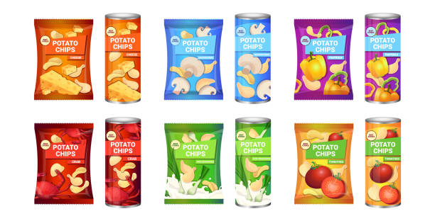 ilustraciones, imágenes clip art, dibujos animados e iconos de stock de set patatas fritas con diferentes sabores de la composición publicitaria de patatas crujientes y colección de envases - potatoe chips