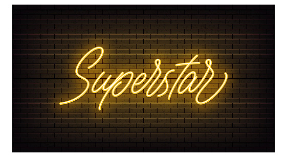 Yellow neon Superstar, lettering. Neon text of Superstar on black brick background, night ambience. Night vivid lights. Word, inscription and title with glow illumination. Vector illustration