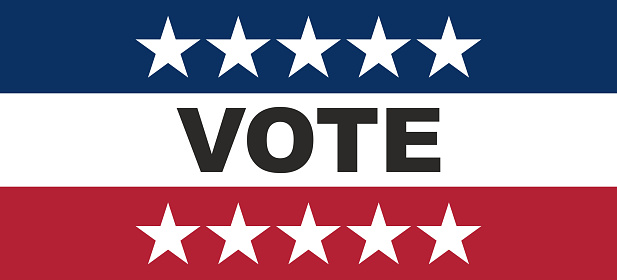 Vote on US America election day concept. VOTE text on american flag colors with patriotic stars background