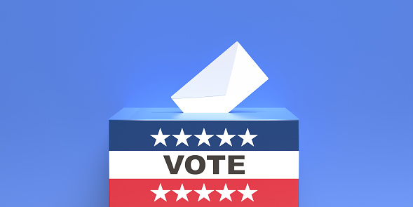 Vote on US of America election day concept. White envelope in ballot box slot. American flag colors container with patriotic stars against blue background. 3d illustration