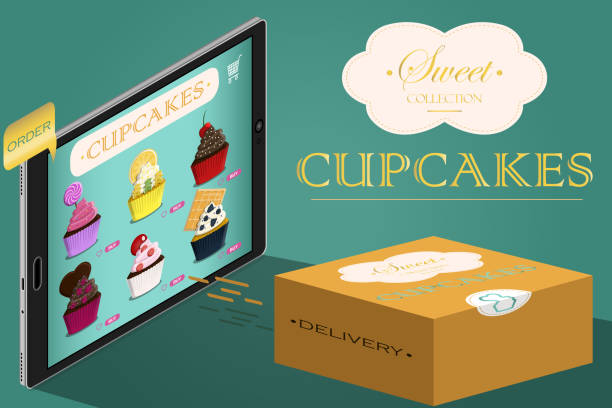 illustrazioni stock, clip art, cartoni animati e icone di tendenza di ordinazione e consegna online di deliziosi cupcake con crema, condimento e frutta. ordina fast food da casa utilizzando l'app sul tuo smartphone. illustrazione isometrica vettoriale con pagina di destinazione e web design. negozio, pasticceria con dolci e  - muffin blueberry muffin blueberry isolated