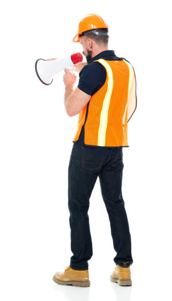 istock Service occupation standing wearing shirt and holding megaphone 1225432598