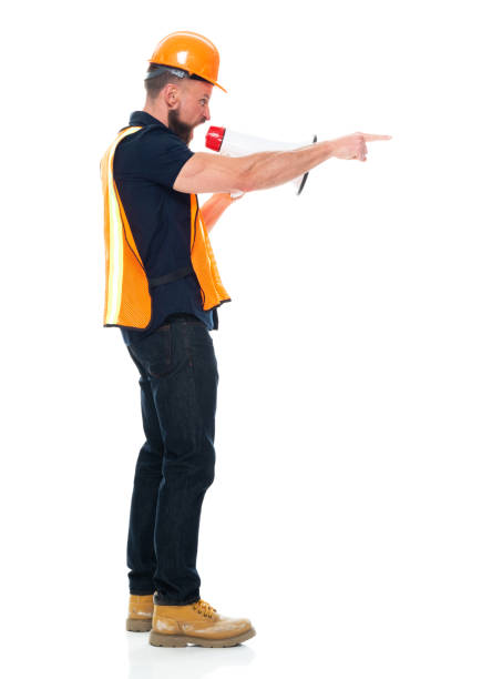 istock Working class repairing wearing pants and holding megaphone 1225432685