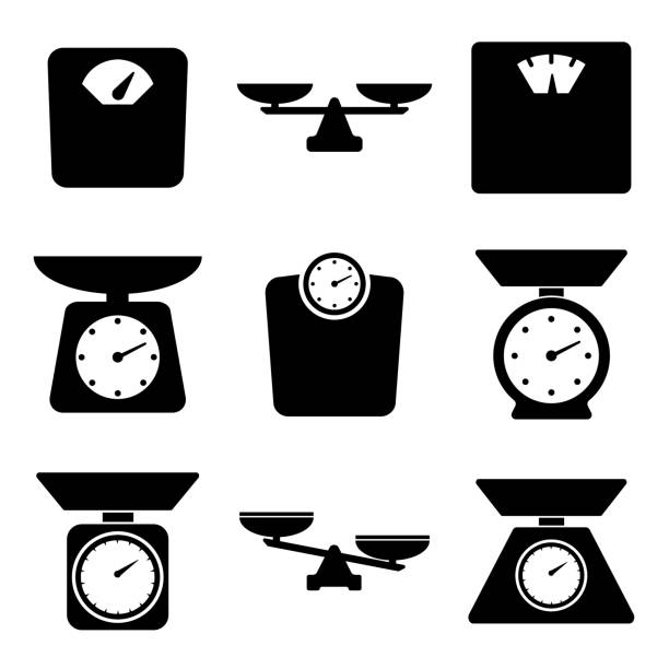 ikon timbangan, logo terisolasi pada latar belakang putih - neraca timbangan ilustrasi stok