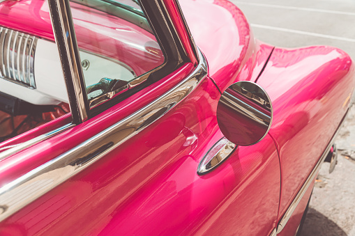 Close up of Pink Retro Vintage Classic American Car, Havana, Cuba.