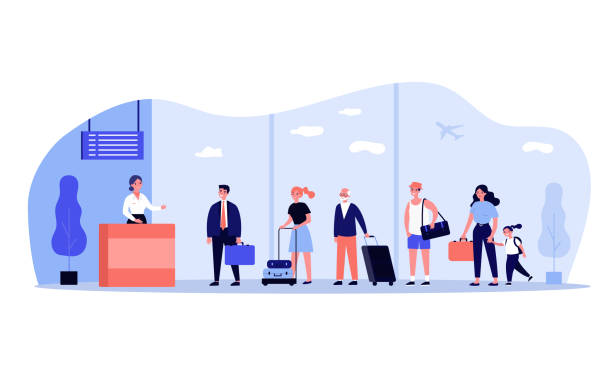 ilustrações de stock, clip art, desenhos animados e ícones de line of travelers at check-in desk in airport - smiling aeroplane
