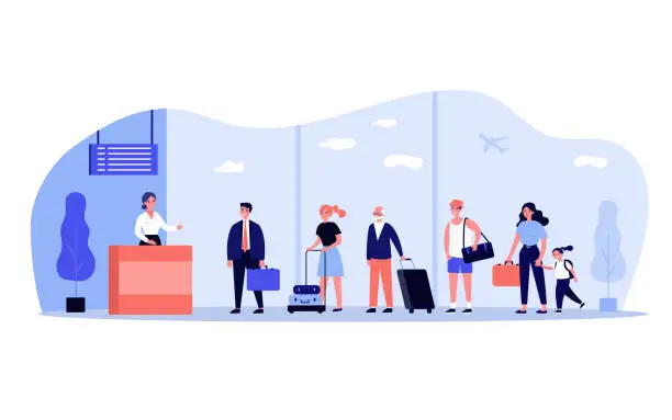 Vector illustration of Line of travelers at check-in desk in airport