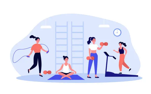 Vector illustration of Woman exercising in fitness club or gym