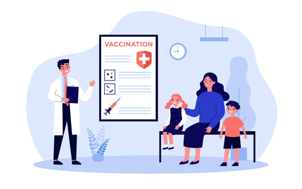 Mother with kids consulting pediatrician Mother with kids consulting pediatrician about vaccination in hospital. Doctor presenting vaccine. Can be used for healthcare, flu protection, disease prevention concept flu shot happy stock illustrations