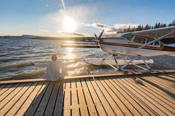 Vancouver, Canada - September 27, 2015: Floatplanes docked in Vancouver. The popular airplanes serve Vancouver and surrounding cities, including Victoria, Seattle, and Nanaimo.