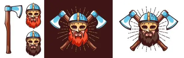 Vector illustration of Nordic warrior emblem - bearded Viking in helmet with mask