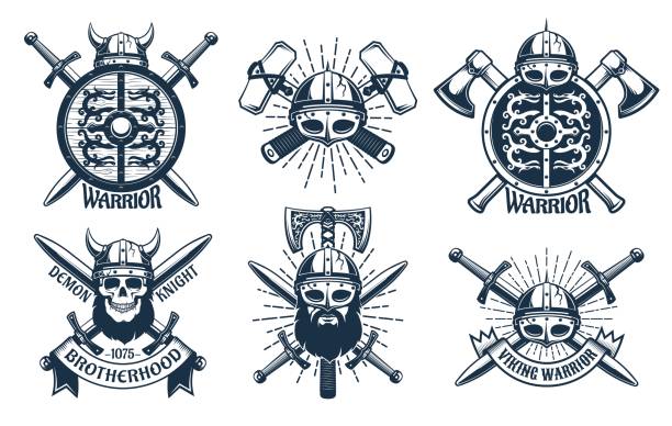 Viking emblem set in retro stamp style Viking mascot set in retro stamp style. Heraldic emblems with warriors and viking weapons. Vector vintage illustration. celtic dragon tattoo stock illustrations