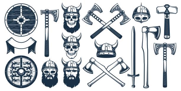 ilustraciones, imágenes clip art, dibujos animados e iconos de stock de elementos de diseño de armas vikingas para emblema heráldico - garrote