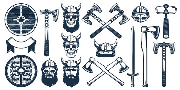 Viking weapon design elements for heraldic emblem. Warrior head in a viking helmet. Vector illustration in stamp style.