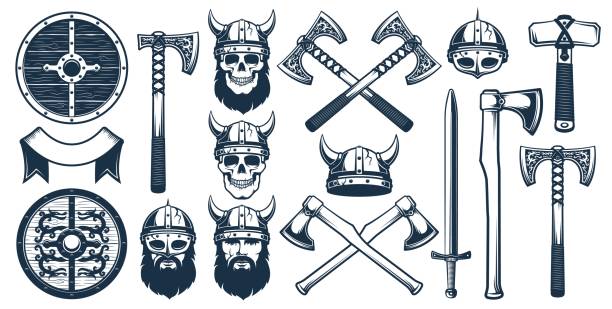 Viking weapon design elements for heraldic emblem Viking weapon design elements for heraldic emblem. Warrior head in a viking helmet. Vector illustration in stamp style. viking stock illustrations
