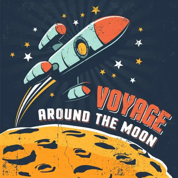 Vector illustration of Rocket flying around moon orbit