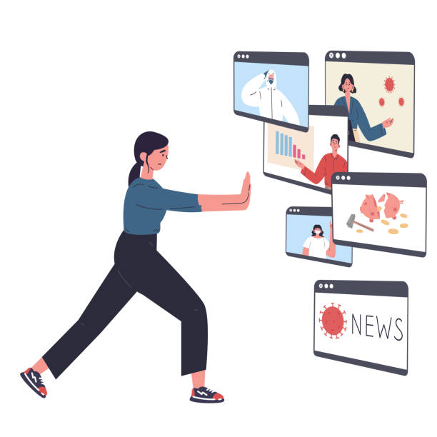 The woman is tired of a lot of information The young woman is tired of a lot of information and pushes away the news.Stress from excessive amounts of information and news.Information detox.Information silence.Bad news.Vector flat illustrations push pause stock illustrations