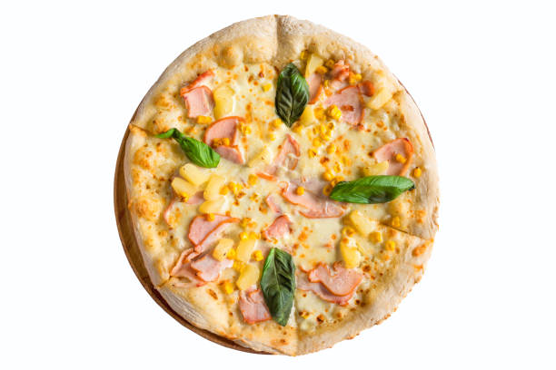 istock Pizza with cheese, pineapple and bacon isolated on white. Top view. 1225442874