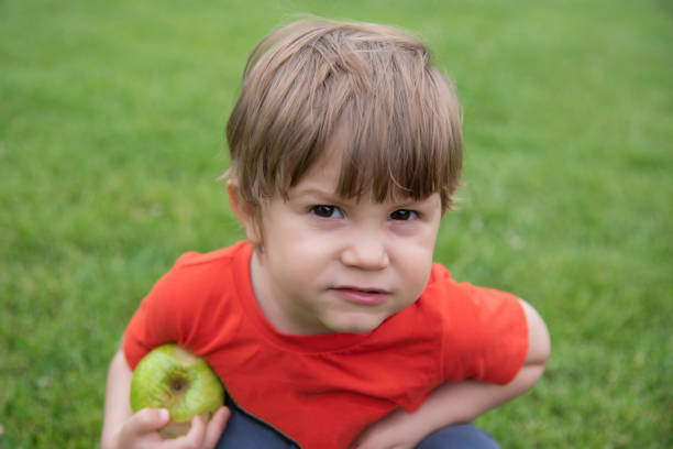 istock baby boy eats an apple in nature 1225443013