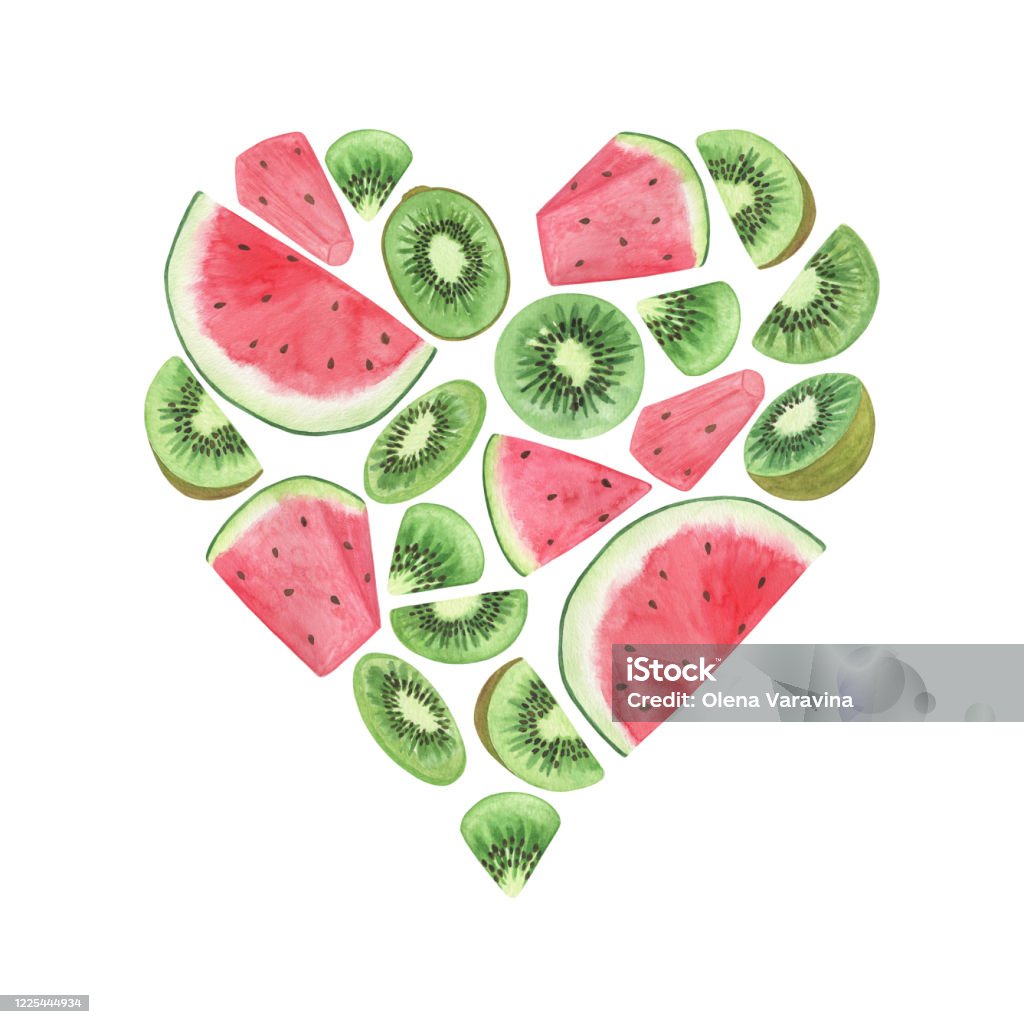 Hình Minh Họa Màu Nước Của Kiwi Và Dưa Hấu Lát Trái Tim Trên Nền ...
