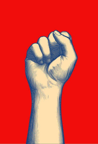 Retro engraving human fist wrist hand up illustration on red BG Colorful vintage engraved drawing front arm and hand fist gesture vector illustration isolated on red background retro style wrist tattoo stock illustrations