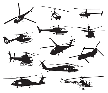 Vector illustration of twelve helicopters.