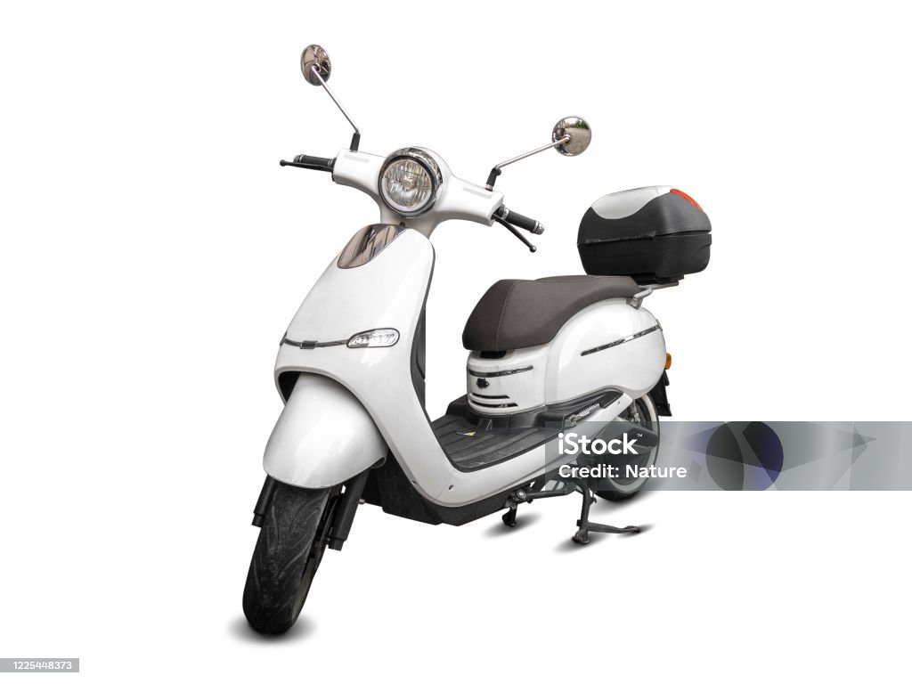 Kick city rider bike, urban electric scooter isolated on white background. Street motorcycle - transport for business. Express food delivery service transport concept Kick city rider bike, urban electric scooter isolated on white background. Street motorcycle - transport for business. Express food delivery service transport concept. Motorcycle Stock Photo