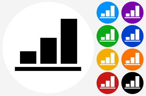 Simple Bar Graph Icon. This 100% royalty free vector illustration is featuring a white round button with a black icon. There are 5 additional alternative variations in different colors on the right.