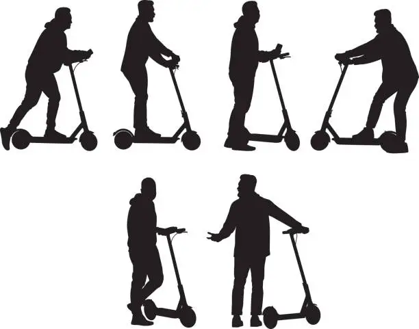 Vector illustration of Two Men Riding Scooters Silhouettes