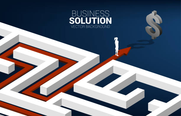istock Silhouette of Businesswoman on route path to exit the maze to dollar icon. 1225453539