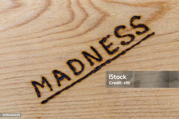 The Word Madness Handwritten With Woodburner On Flat Plywood Surface In Flat Lay Directly Above View With Diagonal Composition Stock Photo - Download Image Now