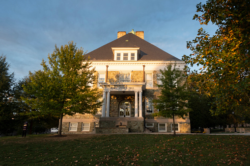 Columbia, Missouri, USA - August 27, 2018: The University of Missouri campus at Francis Quadrangle during blue hour. The columns date to 1840, and were originally part of Academic Hall which was lost to a fire in 1892.