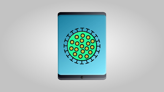 Digital modern touch-sensitive tablet on a white background and a dangerous virus infectious pandemic epidemic coronovirus infection covid-19. Vector illustration.