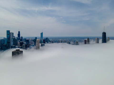 Chicago Cityscape Wrapped in Fog - Aerial View - Lake Effect - Chicago, USA