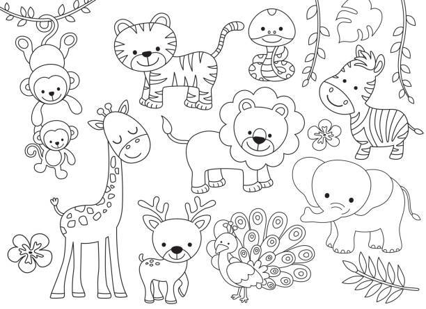 zarys wild safari zwierzęta ilustracja wektorowa do kolorowania - cartoon monkey animal tree stock illustrations