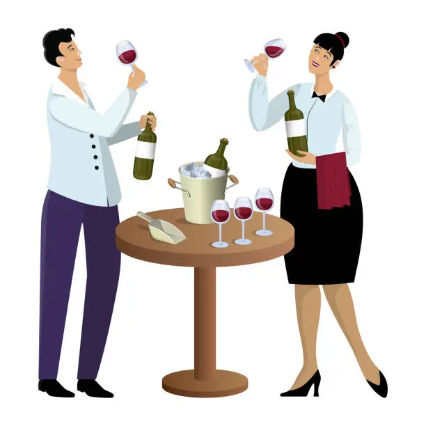 Vector illustration of Woman and man sommeliers tries wine from glasses and holds bottles in hands, standing near table with accessories for degustation