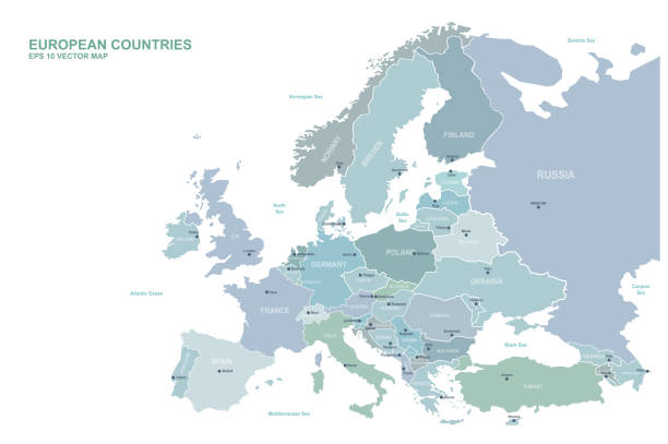 europa-karte. vektorkarte der europäischen länder und des kapitals. - frankreich polen stock-grafiken, -clipart, -cartoons und -symbole