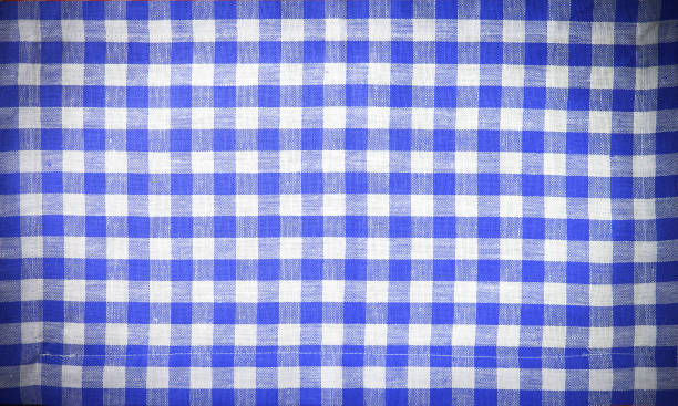 istock Vintage blue checkered tablecloth background, tablecloth, napkin, kitchen, menu background, food, linen texture, natural material, fabric, white and blue checkered, retro 1225468027