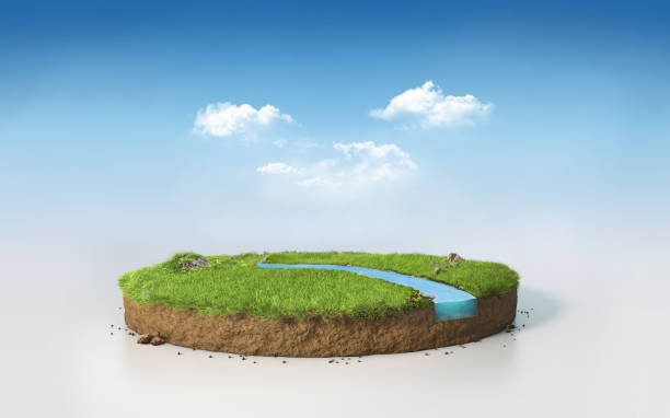 istock Fantasy 3D rendering circle podium grass field with river, surreal round soil cutaway isolated on sunny blue afternoon sky 1225472828