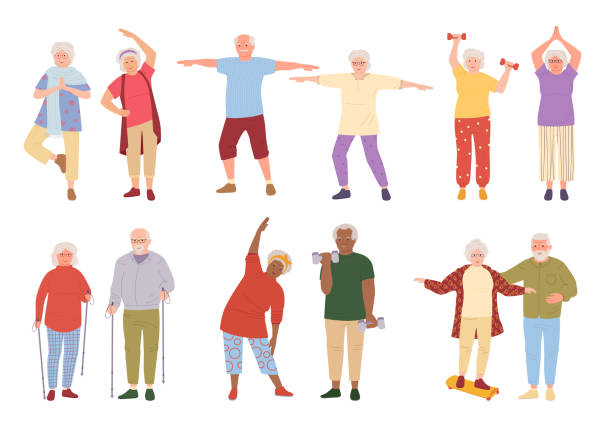 illustrazioni stock, clip art, cartoni animati e icone di tendenza di healthy active older people cartoon set vector - grandmother action senior adult grandparent