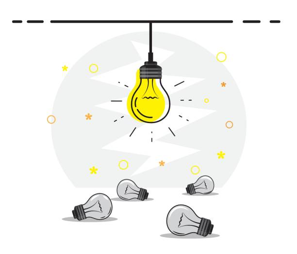 istock Hanging bulb is on, other bulbs are on the ground. Idea concept vector. Good idea. 1225476707