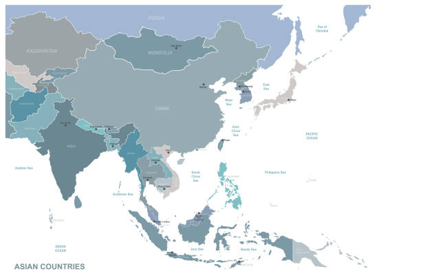 asia-karte. detaillierte vektorkarte asiatischer länder. - südostasien stock-grafiken, -clipart, -cartoons und -symbole