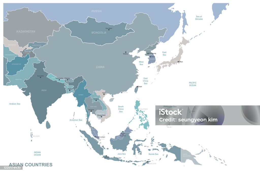 아시아지도 아시아 국가의 상세한 벡터지도 지도에 대한 스톡 벡터 아트 및 기타 이미지 - 지도, 중국, 아시아 - iStock
