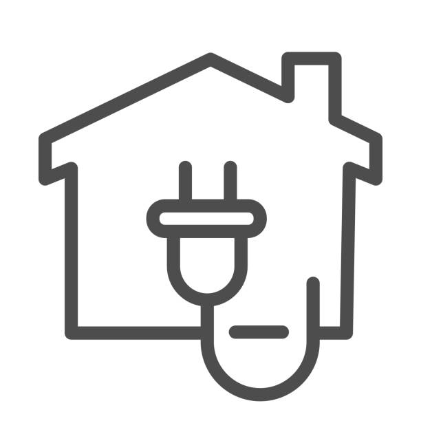 эко розетка энергии и значок линии здания, символ умного дома, знак вектора электричества на белом фоне, дом и электрический значок штепсел� - wired stock illustrations