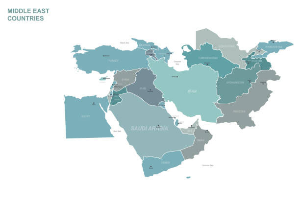 ilustraciones, imágenes clip art, dibujos animados e iconos de stock de mapa del oriente medio. países árabes detallados, mapa vectorial de asia central. - middle east