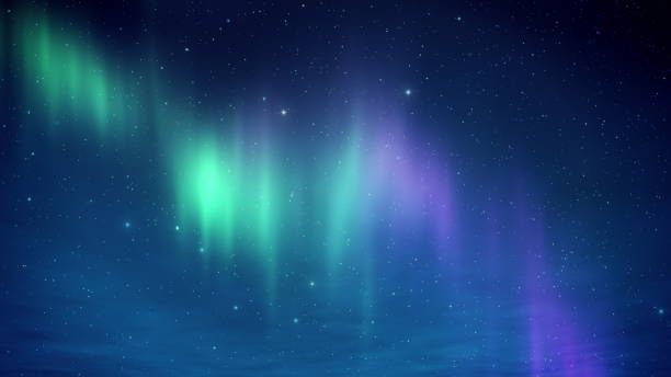 Northern Lights on the Arctic sky with stars. Aurora borealis in the nive clear weather 3D render stock photo